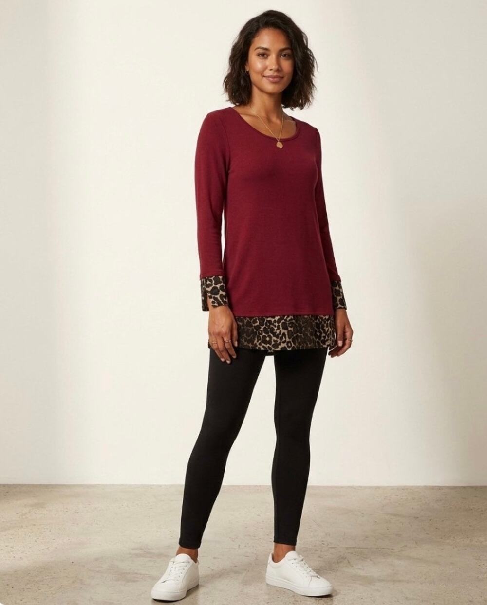 Reborn J Red Leopard Print Fine Knit Crew Neck Tunic Top Sz S Stretch Flowy